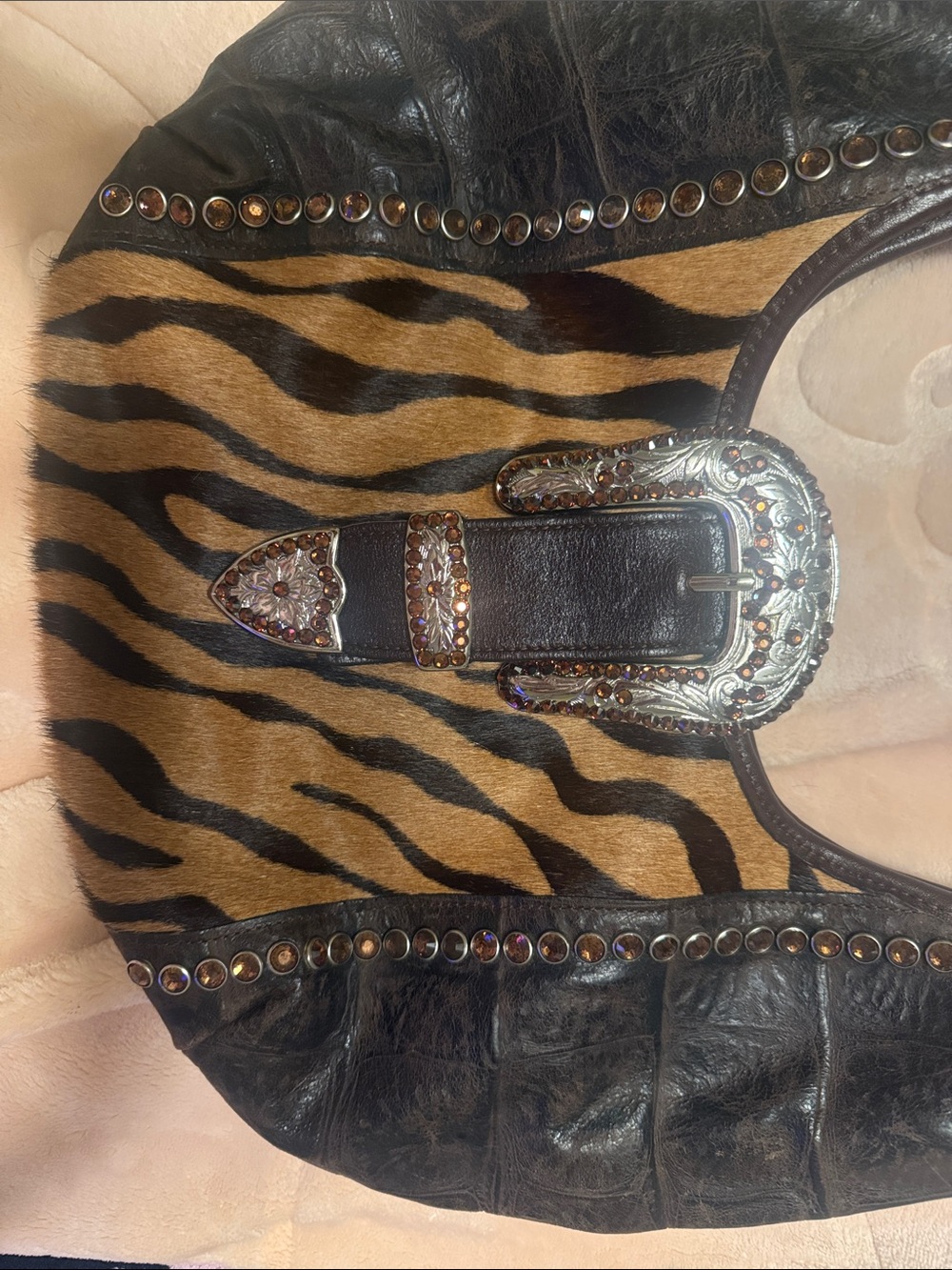 Raviani Zebra-Print Leather Hobo with Studded Buckle - Black and Brown